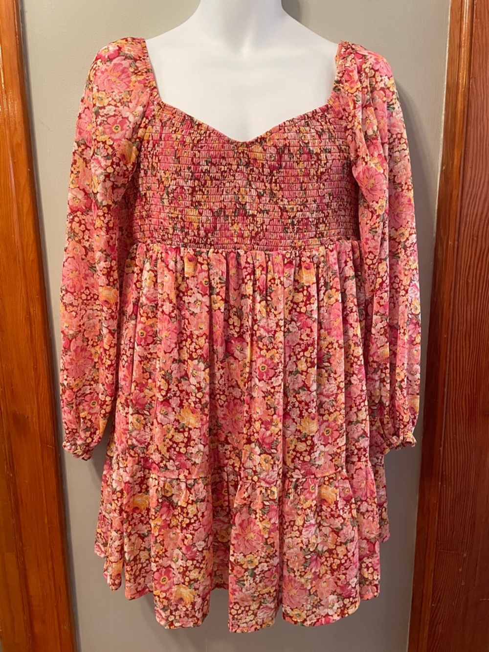 CRYSTAL DOLL Floral Coquette Babydoll Long Sleeve Shirred Pleated A-Line Dress